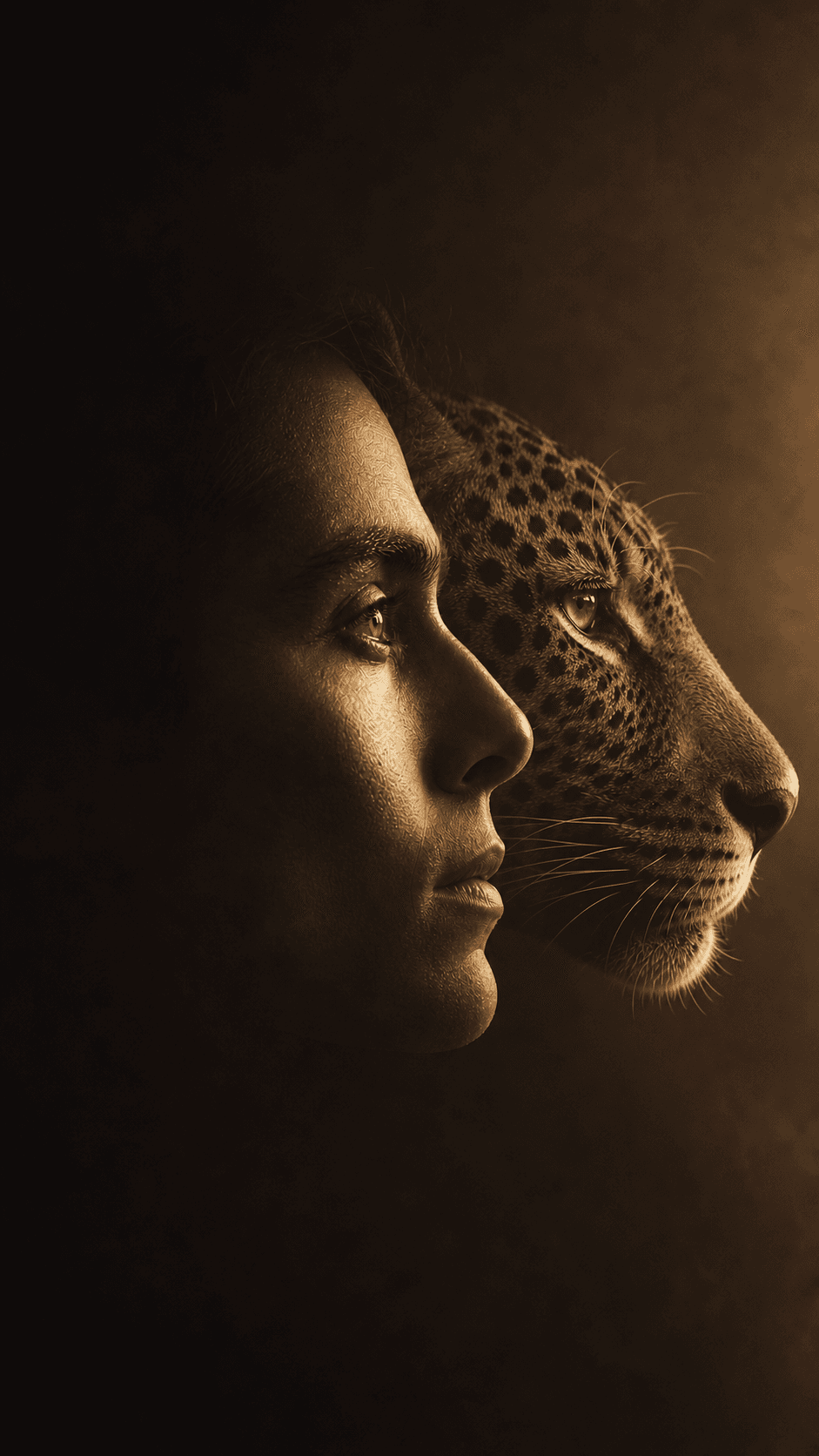 Athlète et jaguar dos à dos dans une lumière dorée