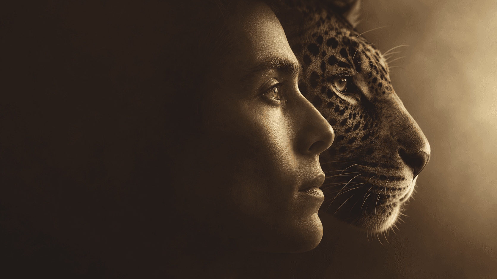 Athlète et jaguar dos à dos dans une lumière dorée